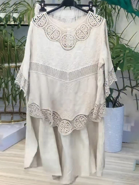 Women's Lace Linen Shirt and Pants Two Piece Set