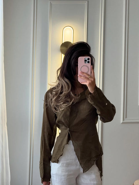 Elegant Lace-Up Cotton and Linen Shirt