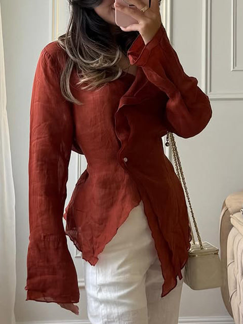 Elegant Lace-Up Cotton and Linen Shirt