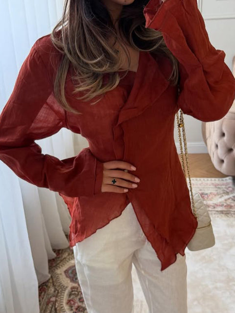 Elegant Lace-Up Cotton and Linen Shirt