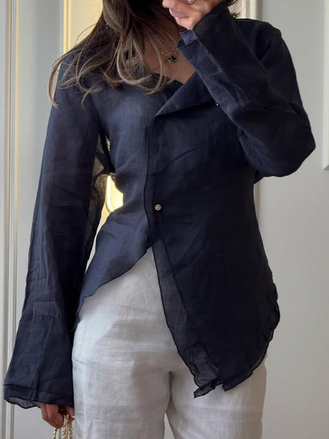 Elegant Lace-Up Cotton and Linen Shirt