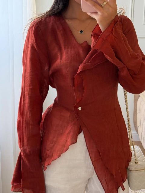 Elegant Lace-Up Cotton and Linen Shirt