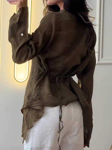 Elegant Lace-Up Cotton and Linen Shirt