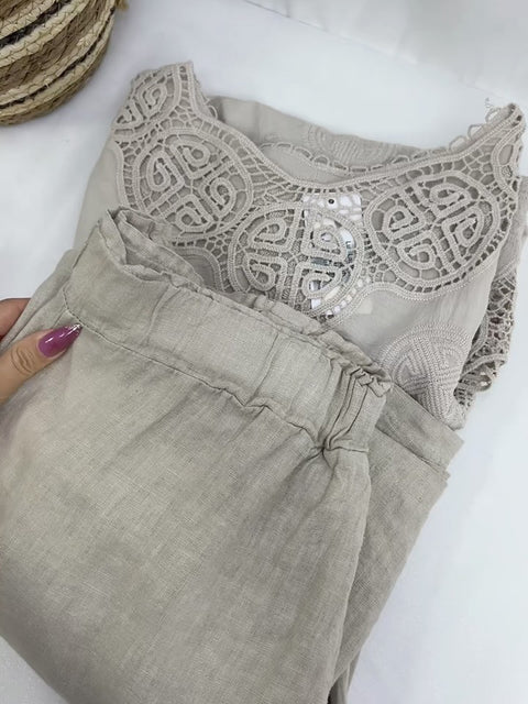 Women's Lace Linen Shirt and Pants Two Piece Set