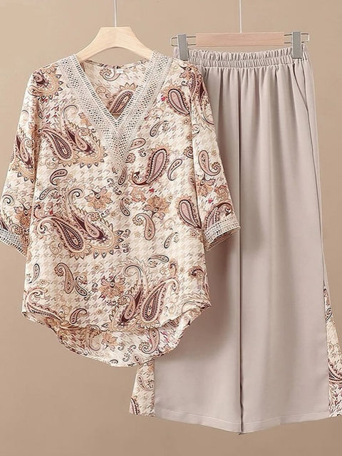 Women's Flower Print Lace Shirt and Pants Two-piece Set