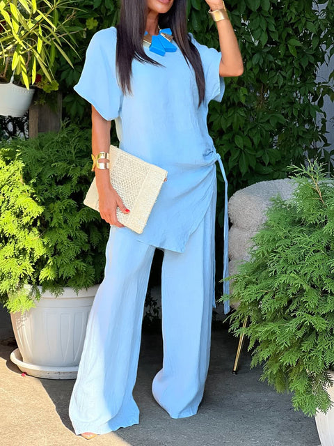 Women's Irregular Strap Linen Top and Pants Set