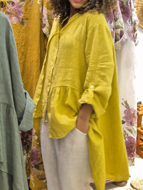 Irregular Hem Cotton and Linen Long-sleeved Top