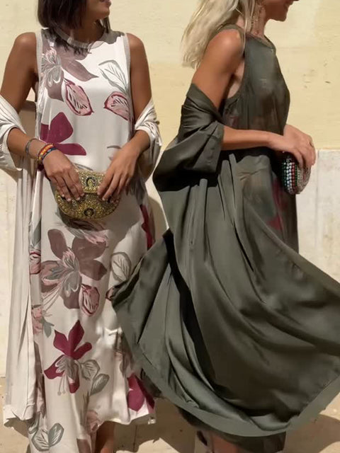 Floral Print Satin Cardigan Dress Two-Piece Set