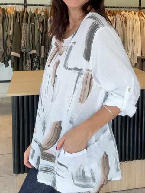 Brushstroke Print Linen Pocket Top
