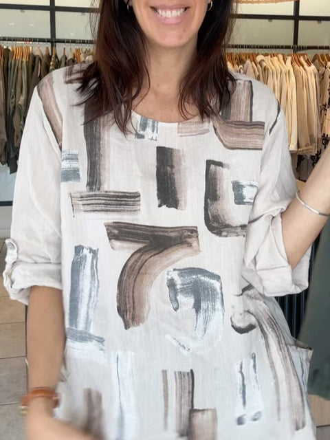 Brushstroke Print Linen Pocket Top