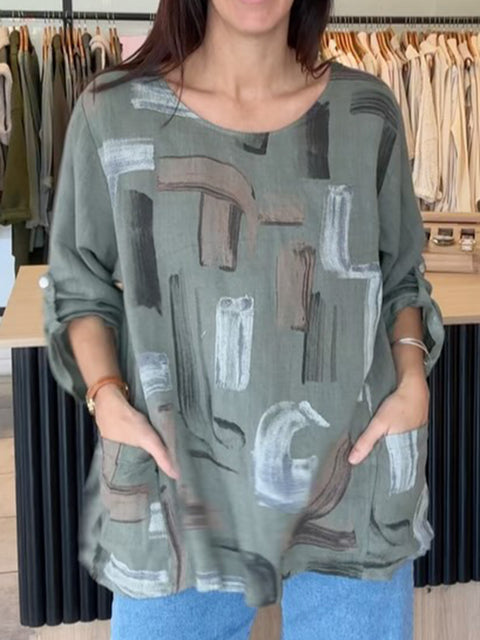 Brushstroke Print Linen Pocket Top