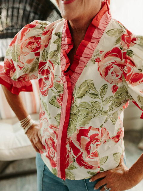 Pink Mixed Floral Ruffle Contrast Top
