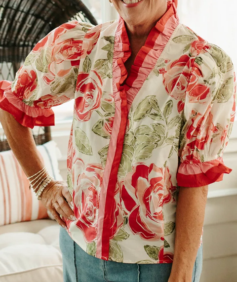 Pink Mixed Floral Ruffle Contrast Top