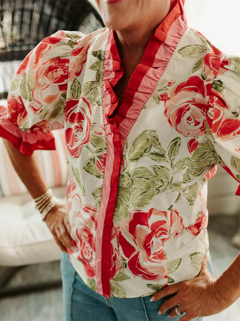 Pink Mixed Floral Ruffle Contrast Top