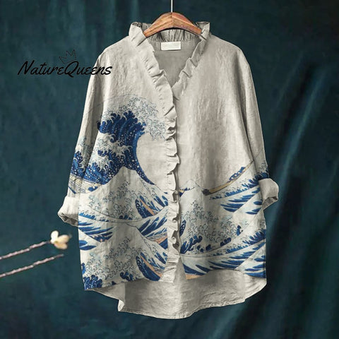 Great Wave Japanese Art Ruffle Trim Linen Blouse