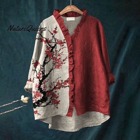 Red Plum Blossom Japanese Art Contrast Ruffle Trim Linen Blouse