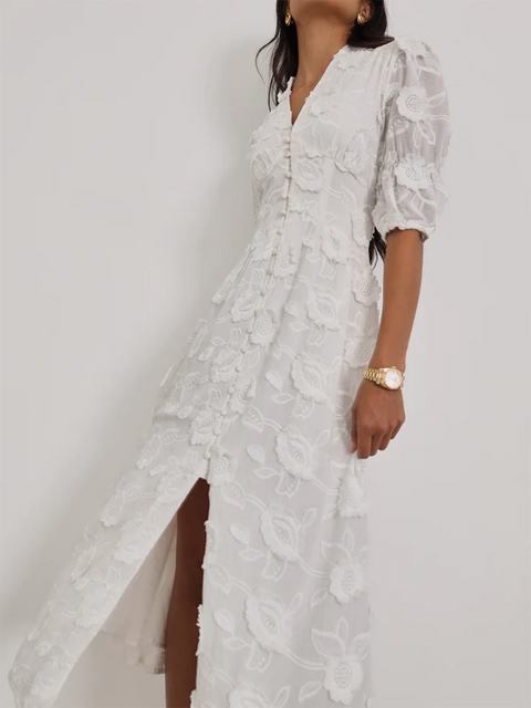 Floral Embroidered Cotton Midi Dress