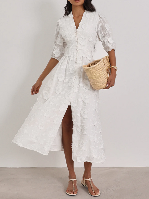Floral Embroidered Cotton Midi Dress