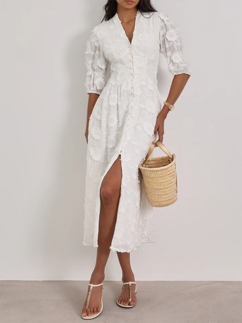 Floral Embroidered Cotton Midi Dress