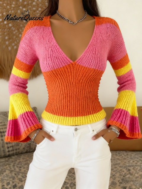 Women's Colorful Striped V-Neck Sweater