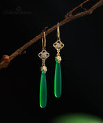 Women Green Agate Copper Overgild Tassle Drop Earrings