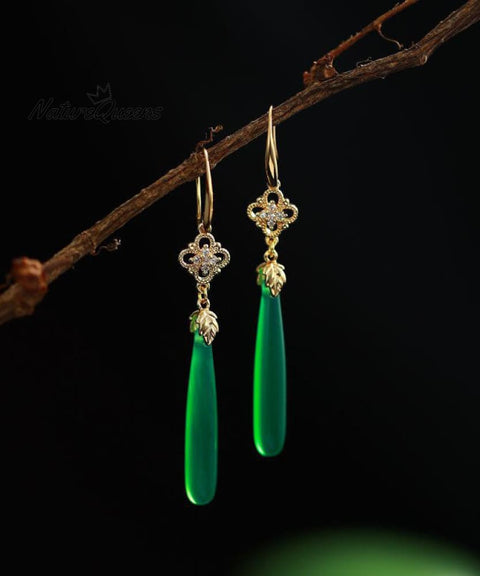 Women Green Agate Copper Overgild Tassle Drop Earrings