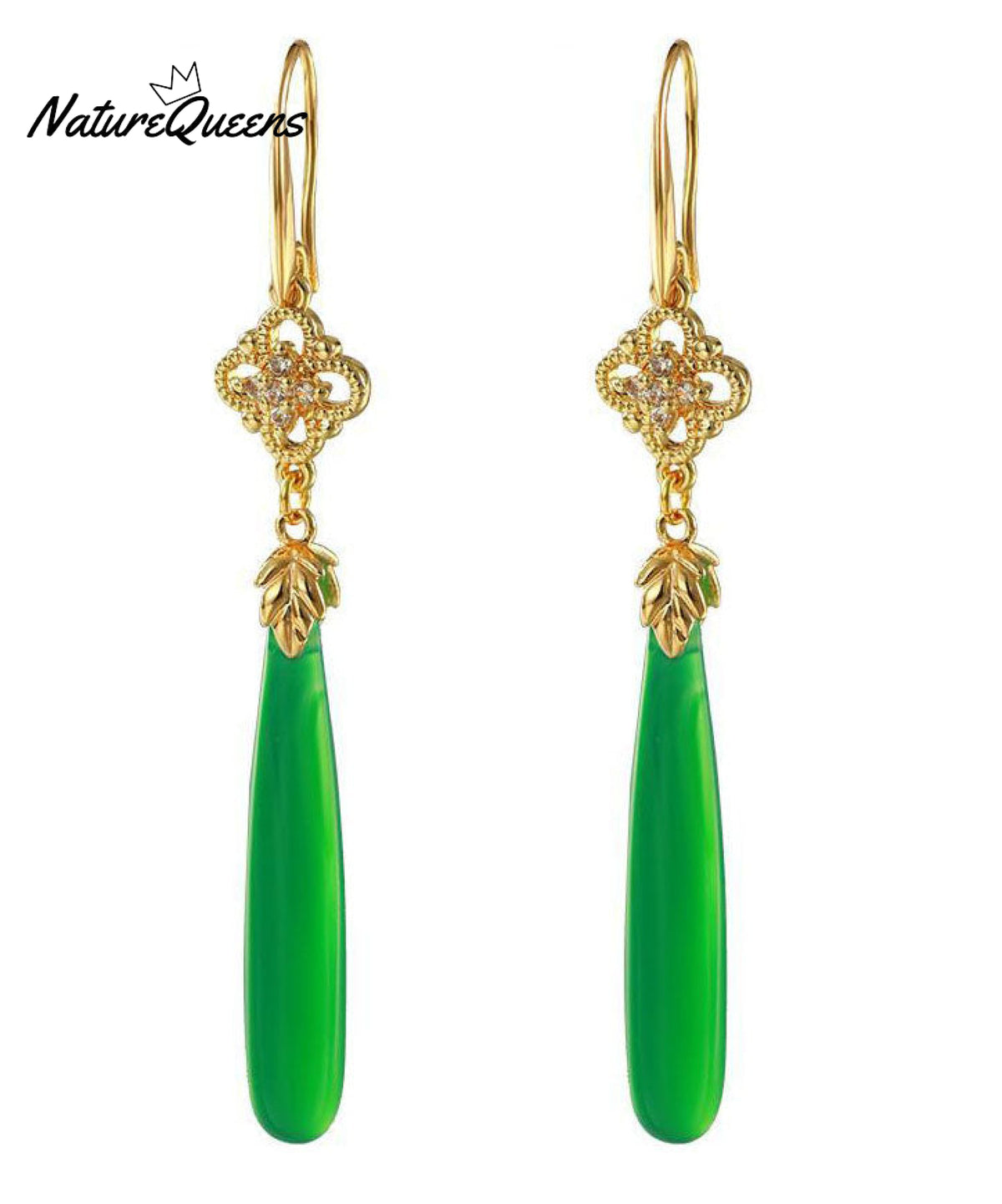 Women Green Agate Copper Overgild Tassle Drop Earrings