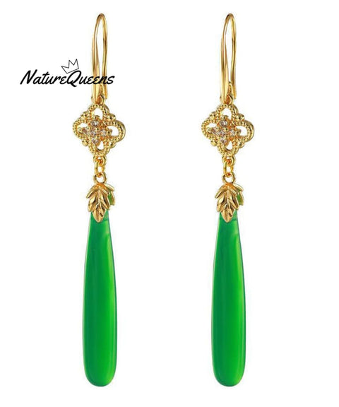 Women Green Agate Copper Overgild Tassle Drop Earrings