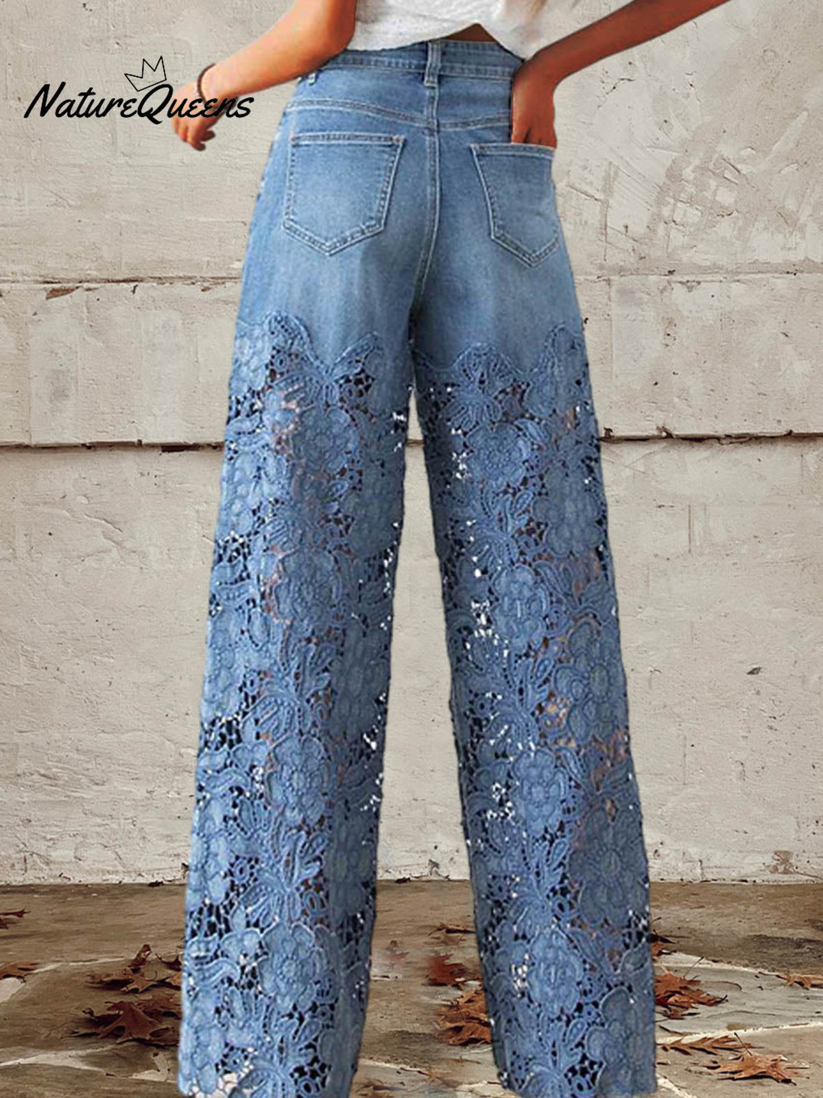 Women's Mid Waist Buttoned Lace Patchwork Jeans