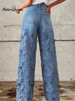 Women's Mid Waist Buttoned Lace Patchwork Jeans