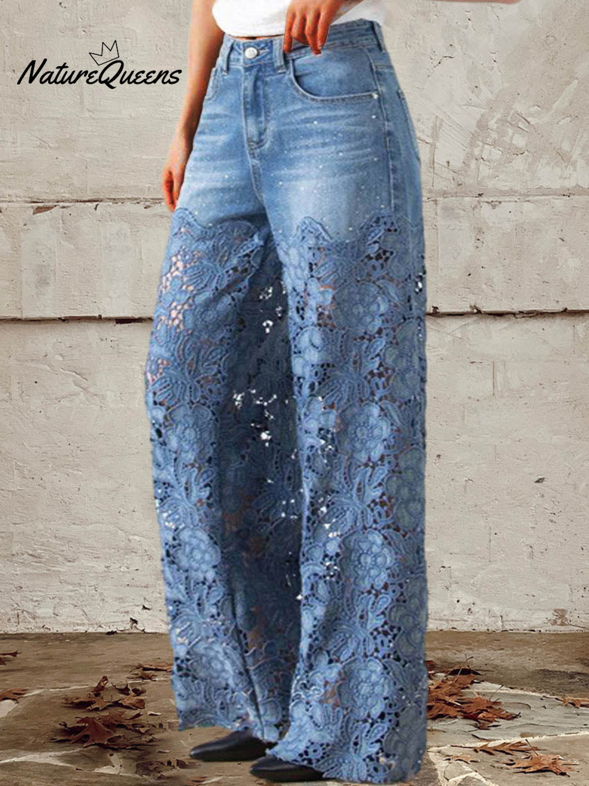 Women's Mid Waist Buttoned Lace Patchwork Jeans