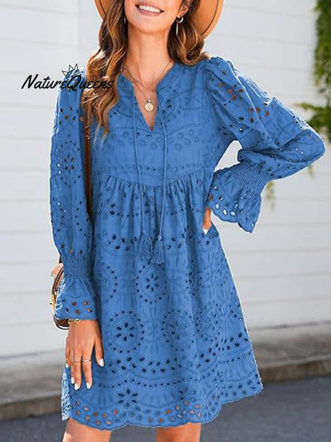 Women's Fringed V-neck Long-sleeve Hollow Lace Stylish Solid Color Cotton Dress