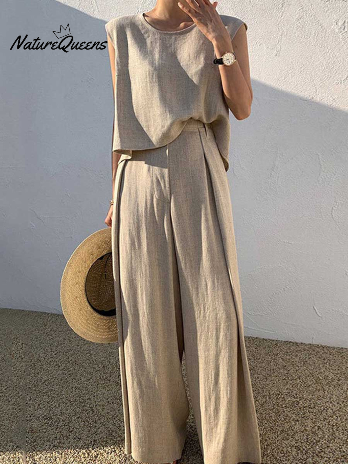 Women's Solid Color Casual Elegant Stylish Sleeveless Top Wide-leg Pants Two-piece Suit