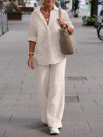 Women's Solid Color Casual Loose Long Sleeve Shirt Wide Leg Pants Two-piece Suit