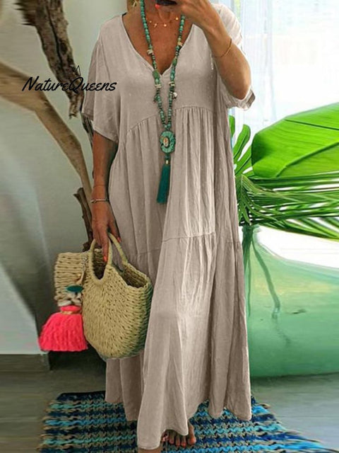 Women's Loose Stylish Solid Color V-neck Irregular Cotton Long Dress