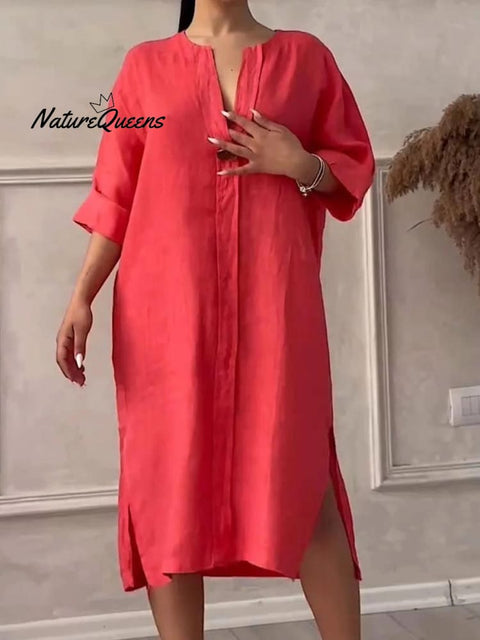 Women's Loose Stylish Solid Color Round Neck Button Cotton Linen Long Dress