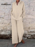 Women's Solid Color Casual Loose Stylish Long-sleeved Top Pocket Pants Two Piece Suit