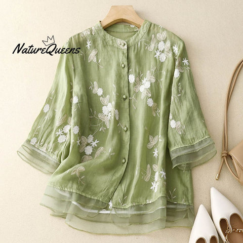 Women's Retro Floral Embroidered Style Art Loose Casual Shirt