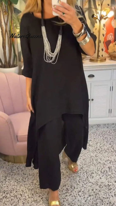 Women's Solid Color Casual Loose Stylish Top Pants Two Piece Suit