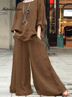 Women's Solid Color Casual Loose Stylish Cotton And Linen Shirt Pants Two Piece Suit