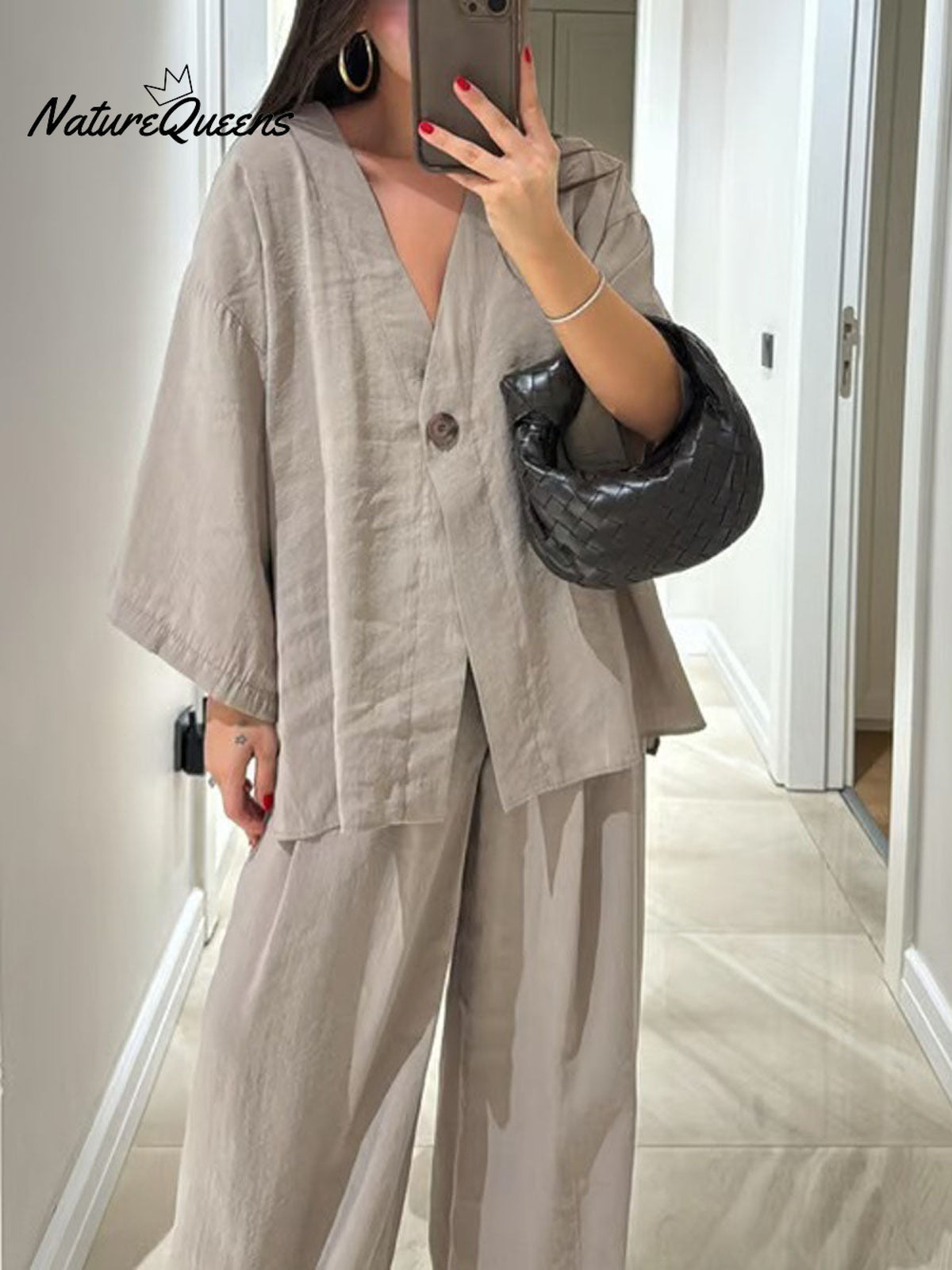 Women's Solid Color Casual Loose Stylish V-Neck Shirt Pants Suit