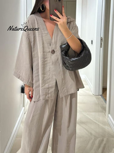 Women's Solid Color Casual Loose Stylish V-Neck Shirt Pants Suit