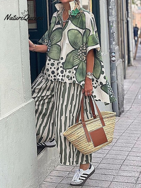 Women's Floral Geometric Pattern Art Print Casual Loose Stylish Shirt Pants Suit