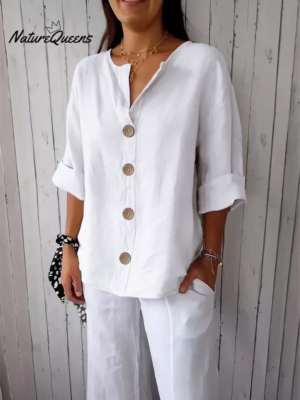 Women's Solid Color Stylish Loose Casual Button Cotton Shirt