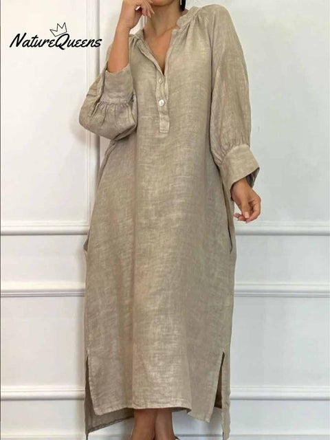Women's Solid Color Loose Casual Pockets Cotton And Linen Long Dress