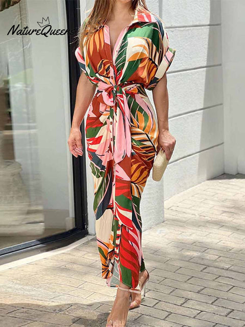 Women's Floral Art Print Loose Casual Lapel High-Waist Shirt Long Dress