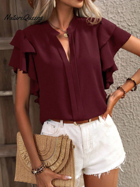 Women's Solid Color Casual Elegant Ruffled Sleeves V-neck Shirt