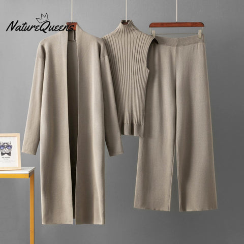 Women's Solid Color Casual Elegant Coat + Vest Sweater + Wide-leg Trouser Suit
