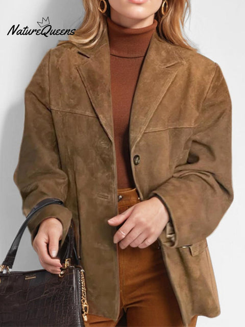 Women's Solid Color Casual Retro Loose Pocket Long Sleeve Suit Coat