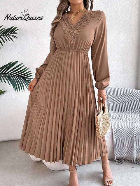Women's Solid Color Loose Casual V-neck Lace Long Dress